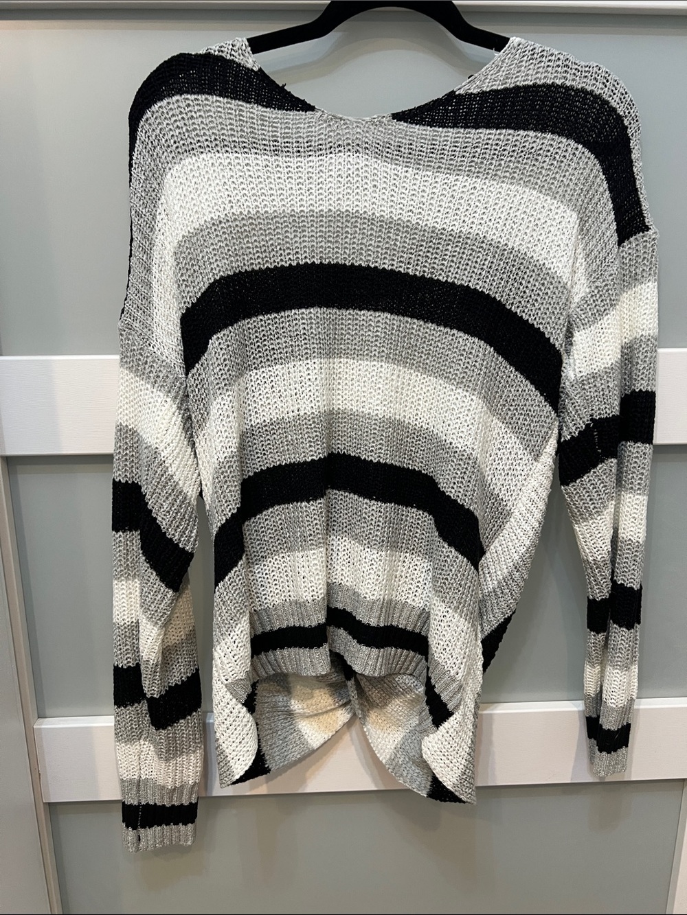 white birch Black, White & Gray Striped Knit Crewneck Sweater